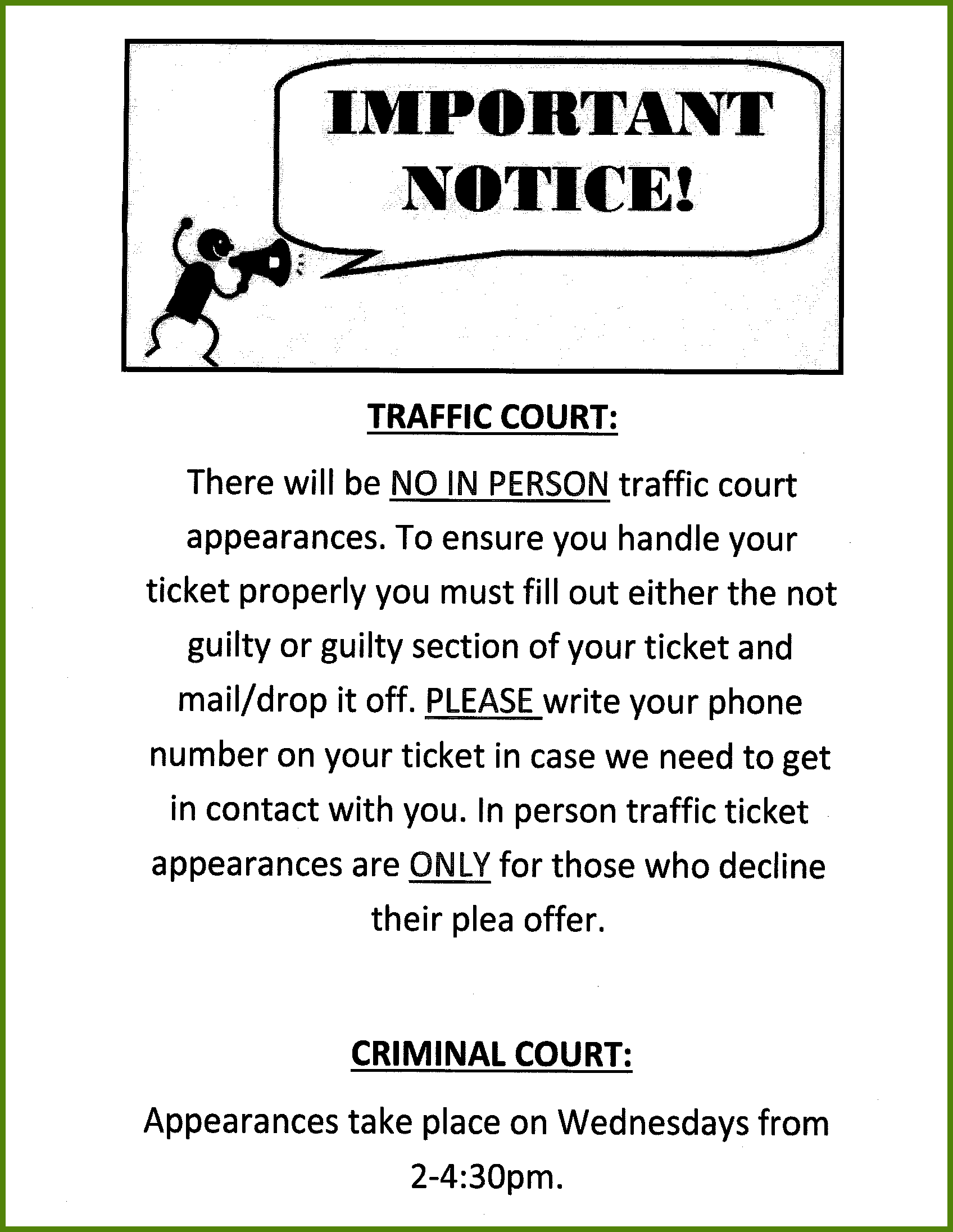 Image covering traffic court and Criminal Court appearances.  PDF link immediately follows.